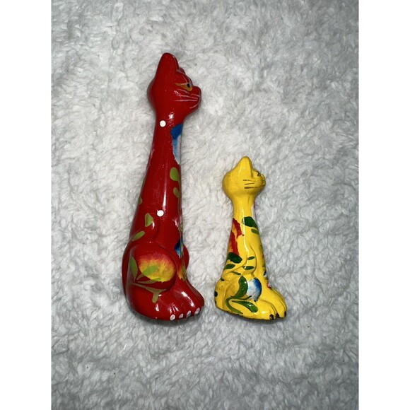 Folk Art Hand Painted Long Neck Cat Figurines 4” & 2.5” VTG MCM Anthropomorphic - Picture 6 of 16